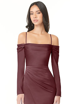 Azazie Hallie Bridesmaid Dresses Sangria Sheath Off-The-Shoulder Long Sleeve Stretch Satin Convertible Dress image2