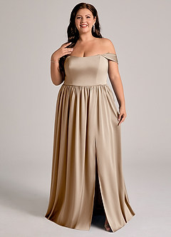 Azazie Calianna Jurken voor bruidsmeisjes Converteerbaar Jurk van Stretch Satijn met A-Lijn Off the Shoulder Taupe image8