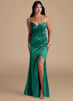 Azazie Yola Bridesmaid Dresses Emerald Sheath Pleated Metallic Satin Dress image6