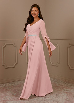 Azazie Belinda Mère de la mariée Robes Robe Trapèze en Mousseline de soie Col V plissé Rose Poudré image3