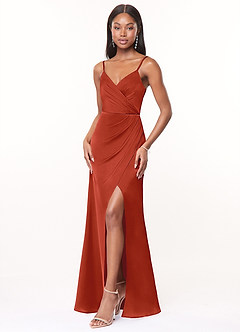 Azazie Maci Brautjungfernkleider A-Linie V-Hals Gefaltet Stretch-Satin Kleid Rost image3