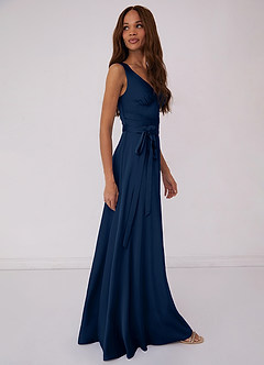 Barbie ♥ Azazie Bridesmaid Dresses Dark Navy A-Line Bow Stretch Satin Dress image3