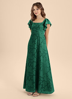 Azazie Bondi Junior Emerald A-Line Bow Floral Burnout Dress image3