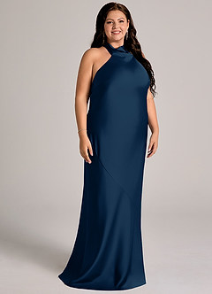 Azazie Velli Bridesmaid Dresses Dark Navy Mermaid High Neck Stretch Satin Dress image11