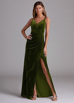 Azazie Leo Bridesmaid Dresses Olive Sheath Pleated Velvet Dress image3