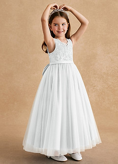 Azazie Cinna Flower Girl Dresses Diamond White A-Line Lace Tulle Dress image3