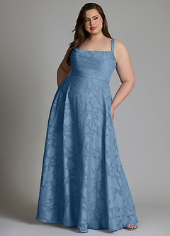Azazie Shaude Abiti da Damigella Abito A-Line in Burnout Floreale Plissettato Blu Acciaio image11