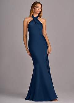 Azazie Lorena Vestidos de damas de honor Vestido de Azul Marino Oscuro de Satén Elástico de Corte Sirena con Plisado image3