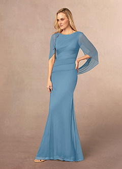 Azazie Belladonna vestidos de madre de la novia Vestido de Azul Acero de Malla de Sirena con Cuello en V Plisado image3
