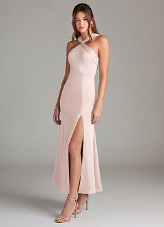 Azazie Rue Bridesmaid Dresses Blushing Pink Mermaid Pleated Stretch Satin Dress image4