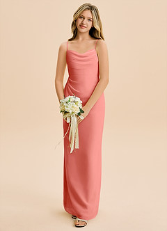 Azazie Mai Junior Vestido de Rosa Salmón de Gasa de Corte Recto con Plisado image4