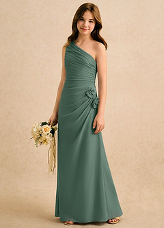 Azazie Sophie Girls Formal Robe Demoiselle D'honneur Fillette Robe Fourreau en Mousseline de soie Une épaule Eucalyptus image4