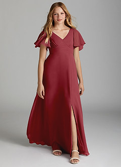 Azazie Kimber Junior Pomegranate A-Line Pleated Chiffon Dress image1
