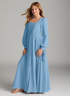 Azazie Leonia Junior Steel Blue A-Line with Pockets Chiffon Dress image4