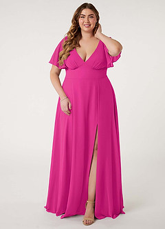 Azazie Kimber Bridesmaid Dresses Fuchsia A-Line Flounce Sleeve Chiffon Dress image9