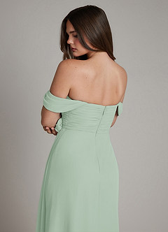 Azazie Ezria At-home Try On Dresses Agave A-Line Off the Shoulder Chiffon Dress image7