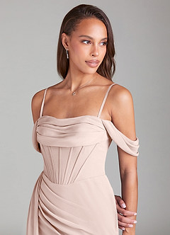Azazie Amyra Bridesmaid Dresses Rose Petal Sheath Off the Shoulder Chiffon Convertible Dress image6