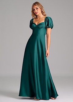 Azazie Fatima 신부 들러리 드레스 A라인 주름진 스트레치 새틴 바닥 길이 드레스 image4