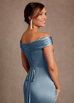 Azazie Bedford Mother of the Bride Dresses Dusty Blue Sheath Pleated Stretch Satin Dress image6