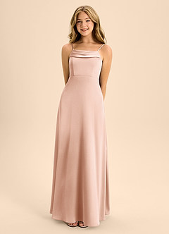 Azazie Anselie Junior Rose Gold A-Line Off the Shoulder Stretch Satin Dress image4
