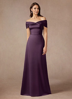 Azazie Amelia Mother of the Bride Dresses Plum A-Line Off the Shoulder Stretch Satin Dress image1