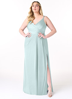 Azazie Aqua Bridesmaid Dresses Sea Glass A-Line V-Neck Pleated Stretch Satin Dress image8