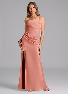Azazie Eren Bridesmaid Dresses Coral Mermaid One Shoulder Stretch Satin Dress image1