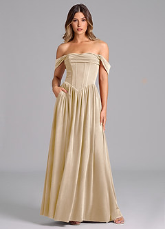 Azazie Hattie Robes de demoiselle d'honneur Robe Trapèze en velours Rayé Champagne image1
