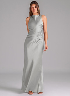Azazie Evadne Bridesmaid Dresses Silver A-Line Pleated Stretch Satin Dress image3
