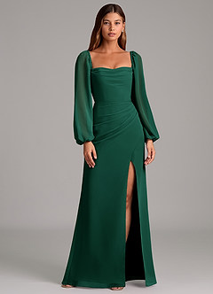 Azazie Brixley Bridesmaid Dresses Emerald Mermaid Long Sleeve Chiffon Dress image1