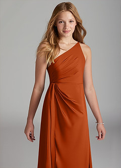Azazie Mika Junior Robe Trapèze en Satin extensible Plissée Orange Brûlée image4