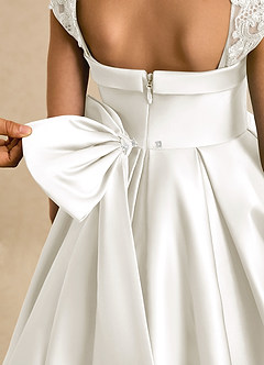 Azazie Genie Flower Girl Dresses Ivory Ball-Gown Off the Shoulder Matte Satin Dress image5