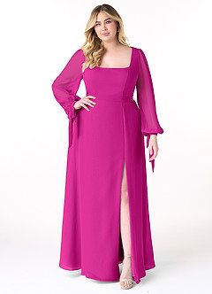 Azazie Leonia Jurken voor bruidsmeisjes Jurk van Chiffon met A-Lijn Lange mouw Fuchsia image8
