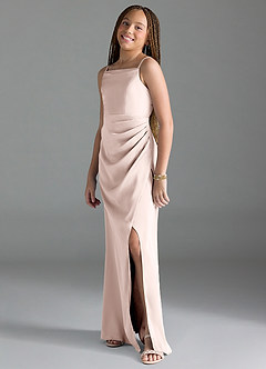 Azazie Leonis Junior Blushing Pink A-Line Pleated Stretch Satin Dress image4