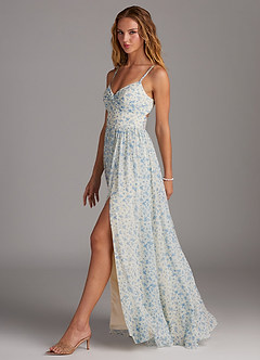 Azazie Zeya Abiti da Damigella Abito A-Line in Chiffon con Scollo a V a Pieghe Blue And White Ditsy Floral image4