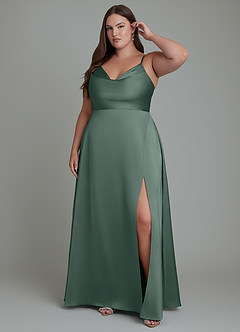 Azazie Sarella Robes de demoiselle d'honneur Robe Trapèze en Satin extensible Plissé Mousse De Mer image6