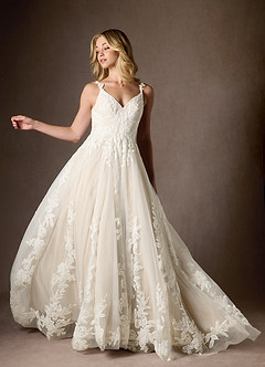 Azazie Delaina Wedding Dresses Diamond White Champagne A-Line V-Neck Sequins Tulle Dress image12