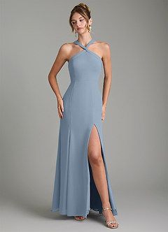 Azazie Rue Bridesmaid Dresses Dusty Blue A-Line Halter Chiffon Dress image4