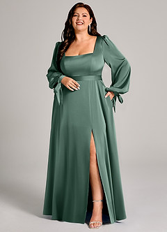 Azazie Leonia Robes de demoiselle d'honneur Robe Trapèze en Satin extensible Manche longue Eucalyptus image8