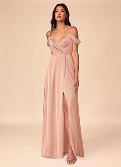 Azazie Ocean Bridesmaid Dresses Rose Gold A-Line V-Neck Pleated Stretch Satin Dress image1