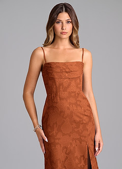 Azazie Saige Bridesmaid Dresses Burnt Orange A-Line Off the Shoulder Floral Burnout Convertible Dress image2