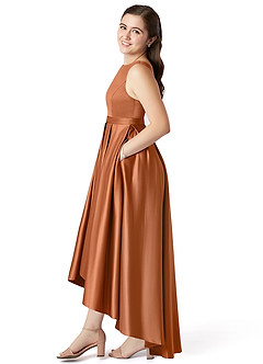 Azazie Inaya Junior Copper A-Line with Belt Stretch Satin Dress image3