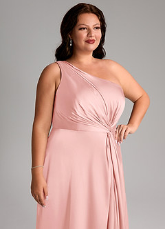 Azazie Brooke Bridesmaid Dresses Powder Pink A-Line One Shoulder Stretch Satin Dress image14