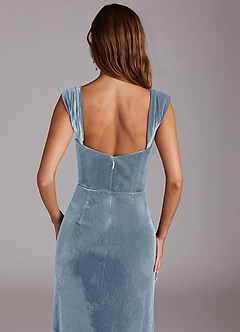 Azazie Junia Bridesmaid Dresses Dusty Blue Sheath Off the Shoulder Velvet Convertible Dress image2