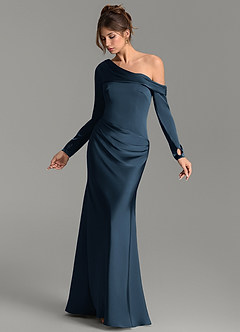 Azazie Sandra Bridesmaid Dresses Dark Navy Mermaid Long Sleeve Stretch Satin Dress image3