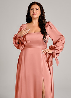 Azazie Leonia Bridesmaid Dresses Coral A-Line Long Sleeve Stretch Satin Dress image9