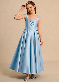 Azazie Mochi Girls Formal Vestidos de florista Vestido Pó Azul de Cetim fosco de Vestido de baile com Plissado image6