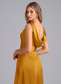 Azazie Karina Bridesmaid Dresses Butterscotch A-Line Pleated Stretch Satin Dress image2