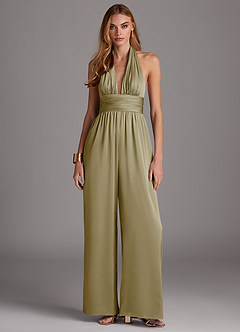 Azazie Oli Robes de demoiselle d'honneur Combinaison en Satin extensible Plissée Vert Mousse image3