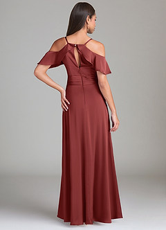 Azazie Dakota Bridesmaid Dresses Terracotta A-Line Off the Shoulder Stretch Satin Dress image2